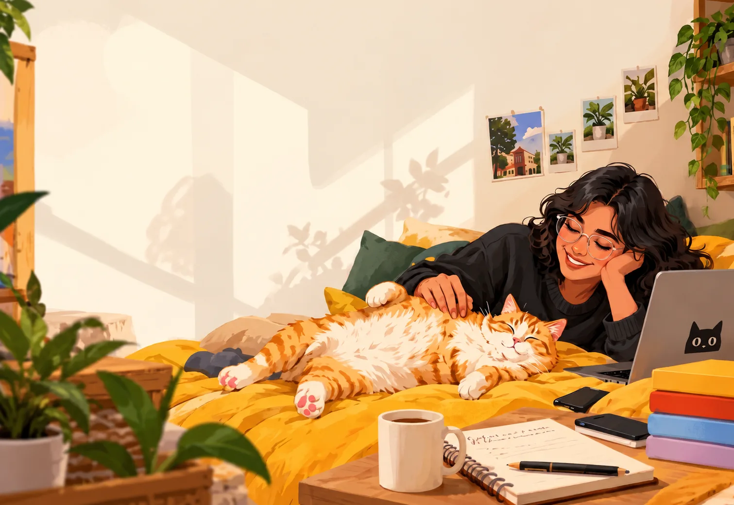 A student relaxing with Choco the cat in a cosy idam room