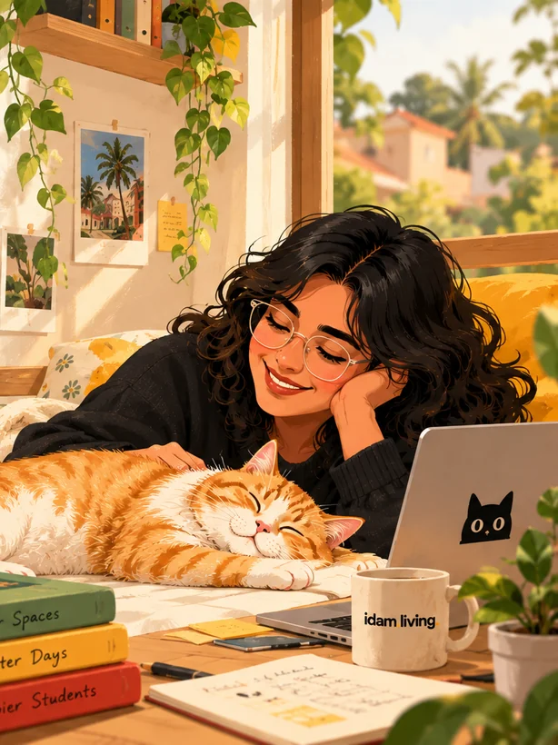 Student asleep beside Choco at her study desk